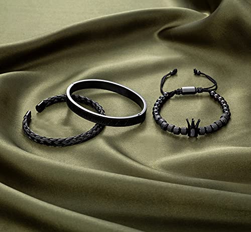 WFYOU 3PCS Stainless Steel Imperial Crown Bracelets for Men Gold Roman Numeral Bangle Bracelet Adjustable Cuff Bracelet Mens Luxury Jewelry Gifts - style: 10:Black- Crown