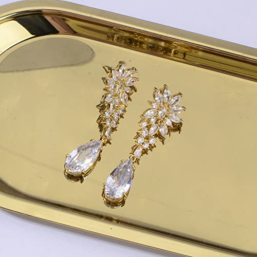 CZ Bridal Earrings for Wedding - 14k Plated Sterling Silver Elegant Teardrop Cubic Zirconia Crystal Rhinestone Floarl Leaf Cluster Chandelier Statement Dangle Drop Earrings for Bride Bridesmaids Party - color: Yellow Gold