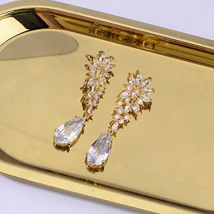 CZ Bridal Earrings for Wedding - 14k Plated Sterling Silver Elegant Teardrop Cubic Zirconia Crystal Rhinestone Floarl Leaf Cluster Chandelier Statement Dangle Drop Earrings for Bride Bridesmaids Party - color: Yellow Gold