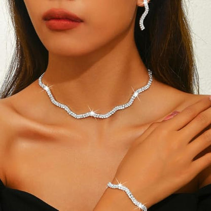 Aukmla Rhinestones Bridal Wedding Jewelry Set Choker Necklaces Earrings Bracelet Sets Prom Jewelry for Women and Brides - color: Silver