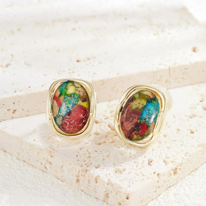YOQUCOL Natural Stone Trendy Clip On Stud Earrings for Women Gold Plated Non Pierced Statement Earrings Fashion Jewelry - color: Oval-Colorful