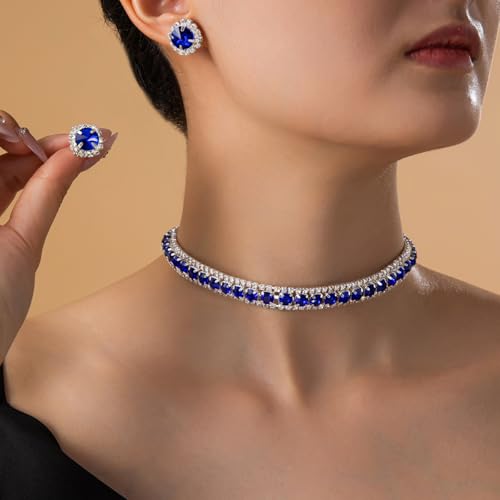 Women Rhinestone Crystal Jewelry Set Crystal Tennis Design Rhinestone Choker Necklace Link Bracelet Teardrop Earrings Set Wedding Bridal Bridesmaids Party - color: Silver Plated Blue Crystal（2）