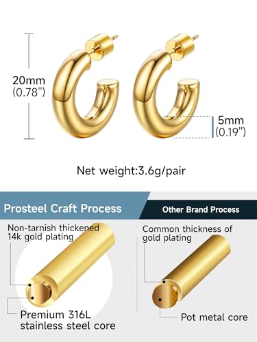 PROSTEEL Chunky Hoop Earrings for Women 14K Gold Plated/Black/Silver | 20/30/40/50/60/70/80mm Stainless Steel Thick Big Round Hoop with Waterproof and Non Tarnish Trendy Jewelry with Gift Box - color: 2. Gold, size: 20MM