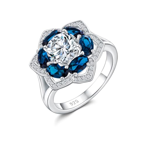 Flower Engagement Promise Ring Sterling Silver Birthstone Rings for Women Sapphire/Emerald/Ruby Gemstone Six Leaf Clover Statement Cocktail Ring Size 6 to 10 - style: 12. December-Created Blue Topaz