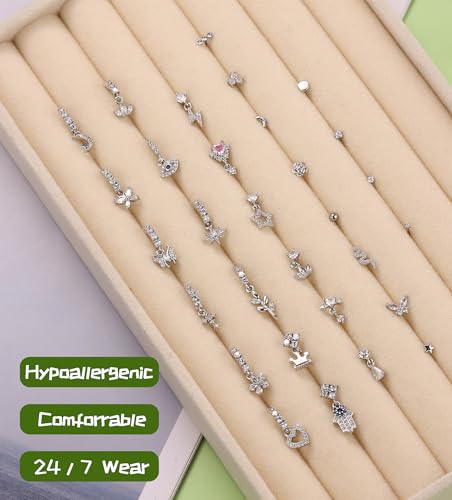 WAINIS 30Pcs 20G Dangle Nose Ring for Women 14K Golden Silver Plated | L Shaped Dangling Nose Stud,Surgical Steel Nose Ring Studs,Dainty Flower Heart Moon Star Dangle Rings Hoops Nose Piercing - color: silver1