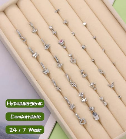 WAINIS 30Pcs 20G Dangle Nose Ring for Women 14K Golden Silver Plated | L Shaped Dangling Nose Stud,Surgical Steel Nose Ring Studs,Dainty Flower Heart Moon Star Dangle Rings Hoops Nose Piercing - color: silver1