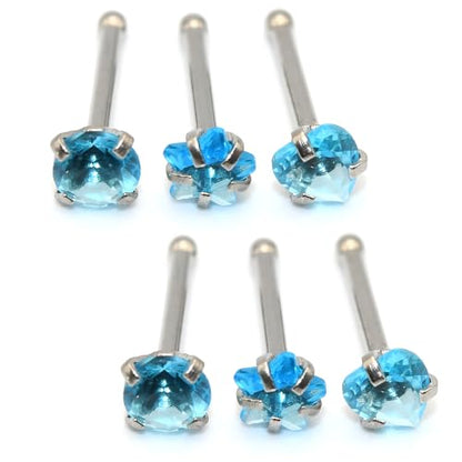 6-Piece Nose Piercing Studs Set, 20G Stainless Steel Nose Studs, 3mm Crystal Heart Star Round Shapes, 0.8x7mm Bone - color: Lake Blue