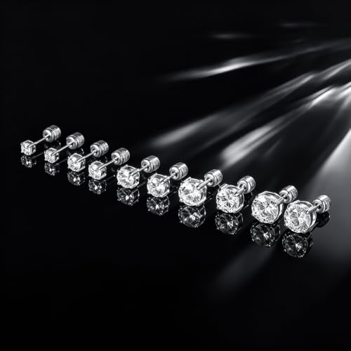 5 Pairs Screw Back Stud Earrings Set, Cubic Zirconia Stud Earring for Women Men Hypoallergenic 316L Surgical Stainless Steel Round Cut CZ 3-7mm - color: White Gold Plated