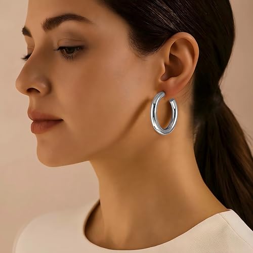 12 Pairs Chunky Gold Hoop Earrings for Women Trendy, Gold Plated Lightweight Hypoallergenic Stack, Thick Open Twisted Huggie Hoops Earring Set - color: Silver Chunky