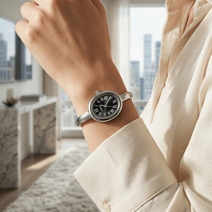 Women's Oval Bangle Watch, Elegant Open-Cuff Bracelet Wrist Watch with Roman Numeral Dial, Minimalist Luxury Fashion Quartz Watch for Ladies - color: Silver/Black
