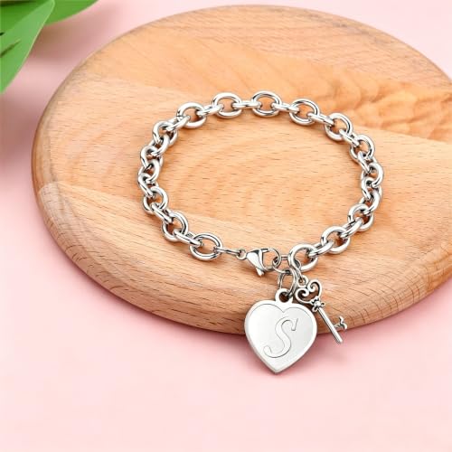 M MOOHAM Heart Initial Bracelets for Girls Women - Engraved 26 Letters Initial Charms Bracelet Stainless Steel Bracelet Birthday Christmas Jewelry Gift for Women Teen Girls - style: A - Heart