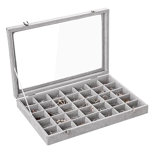 Frebeauty Velvet Jewelry Tray,35 Grid Jewelry Organizer with Clear Lid,Earring Holder Organizer Case with Clasp,Drawer Insert for Rings Studs,13.8 x 9.5 x 2 Inches,Gift for Women Girls(Grey) | Drawer Jewelry Organizer for Rings Studs Beads,Adjustable Divi