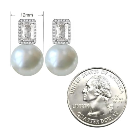 Faux Pearl Cubic Zirconia Stud Earrings, Hypoallergenic Lightweight Round Pearl Studs for Women - color: White, size: Pearl 12mm-CZ 4*8mm