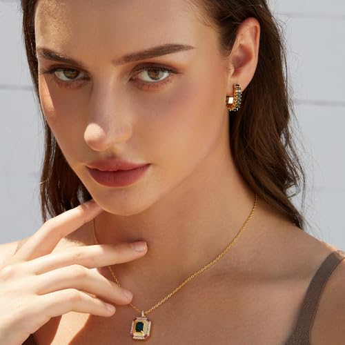 Green Crystal huggie gold hoop earrings for women Girls,14K Gold Plated with 925 Sterling Silver Post color Cubic Zirconia dainty cute Earrings| CZ Stud Earring - color: Black stone