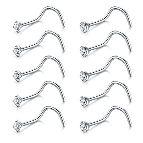 Briana Williams Nose Studs Nose Rings for Women 18G 20G Corkscrew Nose Ring Stainless Steel Nose Screw Studs Nose Rings Studs Surgical Steel Nostril Nose Piercing Jewelry - color: A -20g, silver