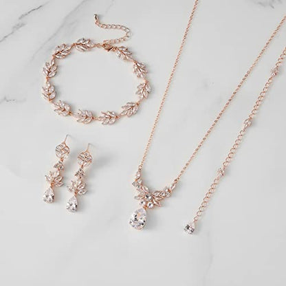 SWEETV Teardrop Wedding Bridal Jewelry Set for Brides Women Bridesmaid, Crystal Rhinestone Backdrop Necklace Earring Sets for Prom - color: 03.Rose Gold