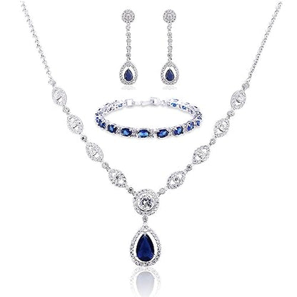 GULICX AAA Cubic Zirconia CZ Silver Plated Base Women's Party Jewelry Set Earrings Pendant Necklace - color: Blue Set