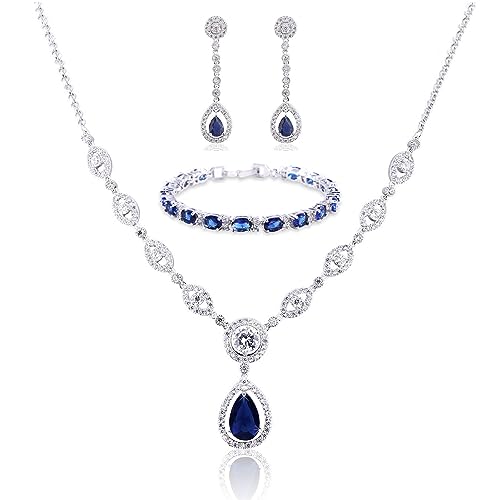 GULICX AAA Cubic Zirconia CZ Silver Plated Base Women's Party Jewelry Set Earrings Pendant Necklace - color: Blue Set