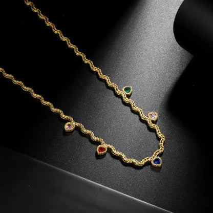 Hipunk Women Gold Plated Stainless Steel Wave Rope Chain Collar Necklace with Colorful Zirconia Flower Heart Charms Choker, Adjustable 16+2 Inch - color: heart