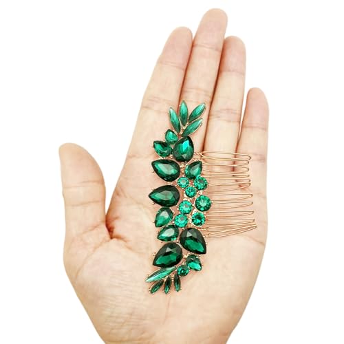 Bridal Crystal Hair Accessories Small Wedding Gold Hair Piece with Comb for Women Girls (Green) - color: Green