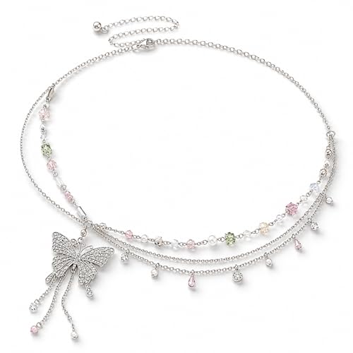 Butterfly Belly Chain - Silver Waist Chain for Women Layered Pearl Rhinestone Y2K Body Jewelry Adjustable Summer Beach Accessories for Bikini Festival Rave Outfits，gift for her jewelry.