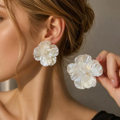 Pearl Hoop Dangle Earrings for Women, White Petal Statement Earrings, Floral Drop Earrings, Lightweight Elegant Wedding Vacation Party Jewelry - color: A0028-style C