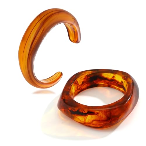 2PCS Chunky Acrylic Bracelet for Women Large Square Resin Cuff Vintage Open Bangle Bracelets Wide Geometric Jewelry - style: brown+brown