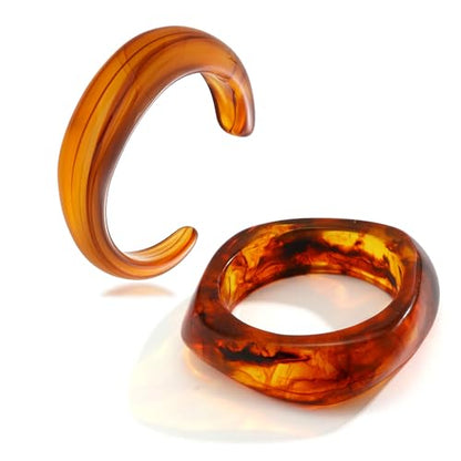 2PCS Chunky Acrylic Bracelet for Women Large Square Resin Cuff Vintage Open Bangle Bracelets Wide Geometric Jewelry - style: brown+brown