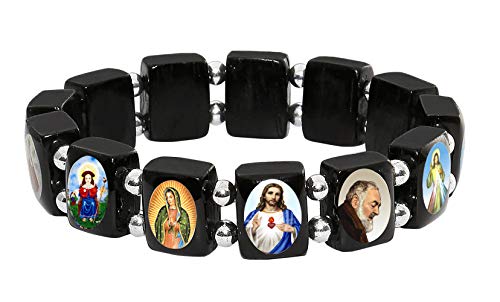 Catholica Shop Devotional Catholic Religious Wood Stretch Bracelets. Small and Large Panels with Assorted Images of Saints, Jesus and Mary. Unisex. Handcrafted in Brazil - style: Small Silver Tone