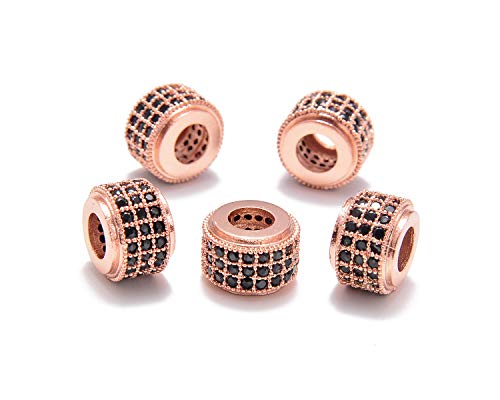 AD Beads Zircon Pave Rhinestones Big Hole Rondelle Spacer Beads 6x7mm 5Pcs Black on Rose Gold - color: 5 Pcs Black on Rose Gold 3 Row Rondelle (6x7mm)