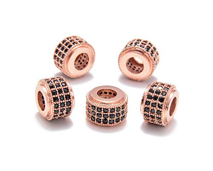 AD Beads Zircon Pave Rhinestones Big Hole Rondelle Spacer Beads 6x7mm 5Pcs Black on Rose Gold - color: 5 Pcs Black on Rose Gold 3 Row Rondelle (6x7mm)