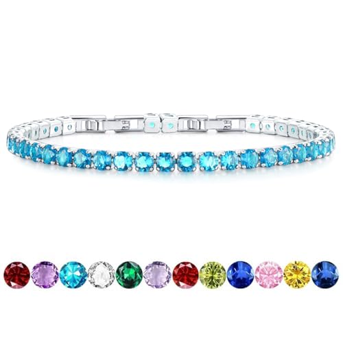 HEEYA Birthstone Silver/Gold Plated Tennis Bracelets, Adjustable 4mm CZ Tennis Bracelets for Women, Fashion Jewelry Wedding Gift Size 6.8 inch+1 inch Extender - color: 03 March Aquamarine