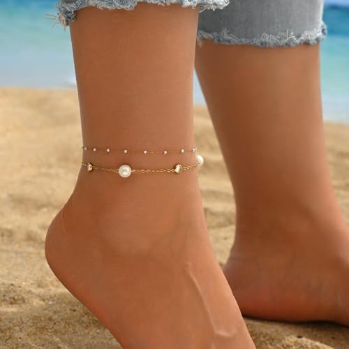 NONAMOIS 18K Gold Plated Diamond Ankle Bracelets for Women Waterproof Gold CZ Pearl Bow Link Chain Anklets Non Tarnish Summer Beach Foot Jewelry Gifts - color: Layered CZ &Pearl-Gold