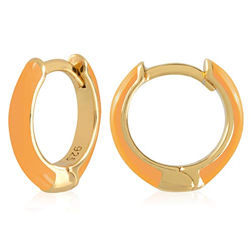 14K Gold Plated Sterling Silver Enamel Color Huggie Hoop Earrings for Women – Wide Range of Vibrant Color Options Available - color: Orange
