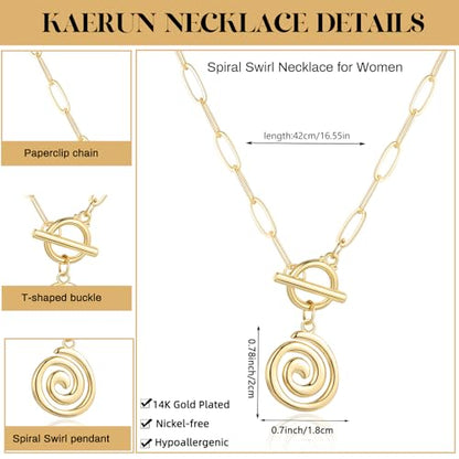 Chunky Gold Necklace for Women Trendy Non Tarnish 14K Gold Plated Paperclip Chain Charm Necklaces Chunky Heart Cross Clover Pearl Pendant Necklace with Toggle Clasp Statement Jewelry Gift for Women - color: E-Spiral
