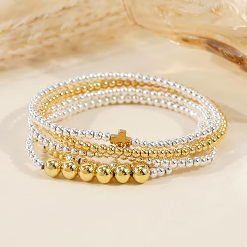 5Pcs Stack Gold Plated Ball Beaded Bracelets Set for Women, Boho Handmade Colorful Glass Pearl Stretch Accessories Jewelry, Summer Beach Daily Wear Holiday Friendship Gift - color: Silver