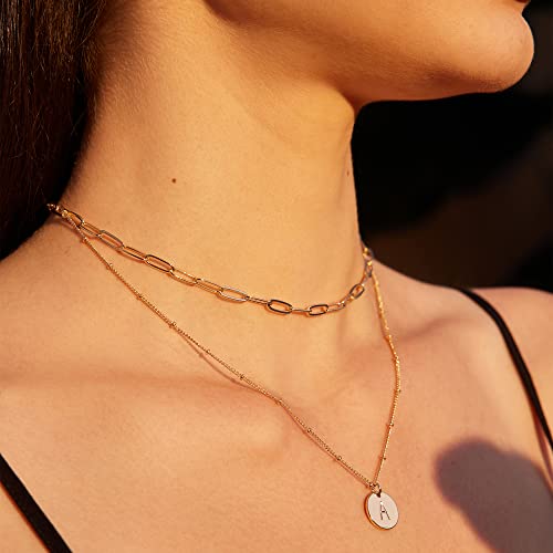 Valloey Rover Initial Necklaces for Women 14K Gold Plated Dainty Letter Necklce Round Coin Disc Pendant Double Side Engraved A-Z Necklace Personalized Jewelry Gift for Women - color: Layer-A