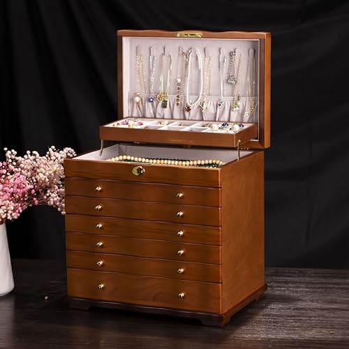 Solid Wood Jewelry Box w/Lock, 9-Layer Large Storage Organizer | Wooden Jewelry Cabinet for Women, 100+Compartments Armoire, Velvet Lining Drawers, Wavy Curved Glossy Brown Rustic Gift - style: Rustic