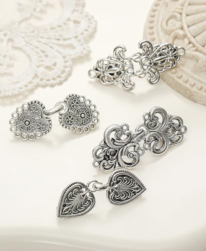 Akeoqi 10Pcs Vintage Sweater Shawl Clips Retro Cardigan Swirl Cape Cloak Collar Clasps Hearts Flowers Geometric Patterns Brooches Dress Jackets Shirt Waist Cincher for Women Men Silver Plated