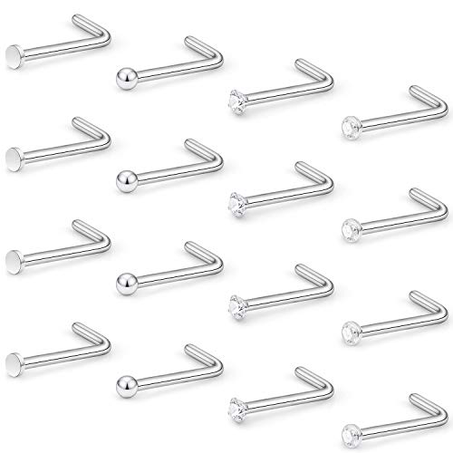 Hoeudjo Nose Studs Surgical Steel Cubic Zirconia Nose Rings Kit for Women Men Tiny Nose Stud Screw & Bone & L Shaped Nostril Rings Piercing Jewelry 22 Gauge 16 Pieces - color: L-shaped nose ring, silver-tone