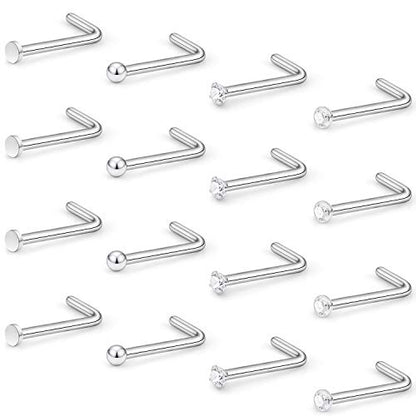 Hoeudjo Nose Studs Surgical Steel Cubic Zirconia Nose Rings Kit for Women Men Tiny Nose Stud Screw & Bone & L Shaped Nostril Rings Piercing Jewelry 22 Gauge 16 Pieces - color: L-shaped nose ring, silver-tone
