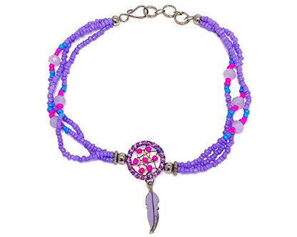 Mia Jewel Shop Dream Catcher Feather Charm Dangle Seed Beaded Multi Strand Anklet - Womens Southwest Fashion Handmade Jewelry Boho Accessories - color: Lavender/Hot-Pink/Turquoise
