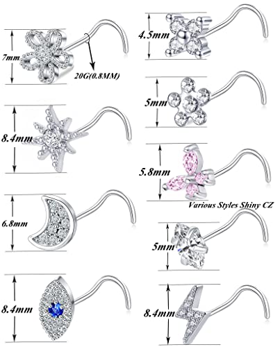 9Pcs Nose Rings Stud L Bone Screw Shaped Nose Ring Flower CZ Snowflake Butterfly Screw Nose Stud Body Piercing Jewelry for Women Men 20G Silver Gold Rose Gold Tone - color: G:Silver Tone&Screw Shaped