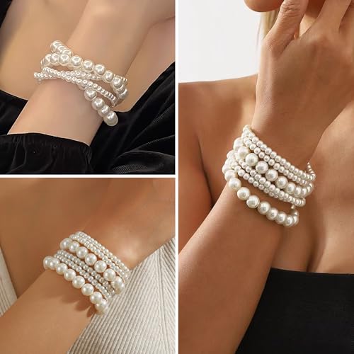 6Pcs White Pearl Bracelets for Women, Stretch Faux Pearl Bracelets, Elastic Pearl Beaded Bracelets, Stackable Pearl Bracelet Set for Women Bridal Bridesmaid Wedding Party Gifts