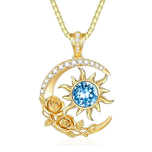 Midari 18K Yellow Gold Sun Moon Star Pendant Rose Flower Necklaces I Love You Forever Sun Moon Jewelry Gift for Mother Women - color: 03-Mar-Aquamarine, style: Sun&Moon