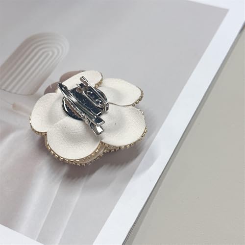 Dainty Crystal Camellia Flower Brooch Pin for Women Rhinestone Fabric 3D Floral Blossom Brooches Lapel Hair Pins Elegant Wedding Anniversary Dress Accessories Jewelry Gift 6.5cm/2.5in - color: Beige