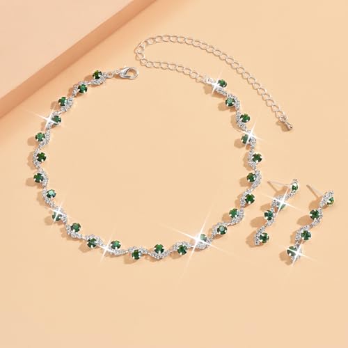 Bride Silver Necklace Earrings Set Crystal Bridal Wedding Jewelry Set Rhinestone Choker Necklace for Women and Brides - color: Green