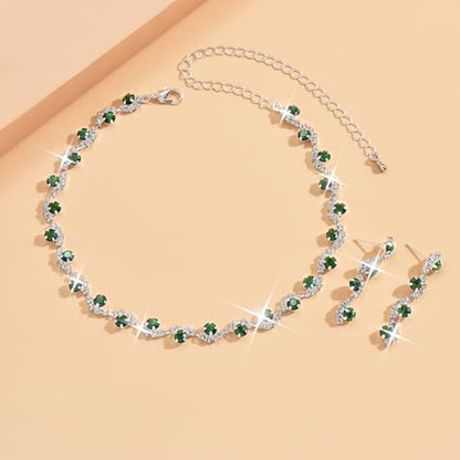 Bride Silver Necklace Earrings Set Crystal Bridal Wedding Jewelry Set Rhinestone Choker Necklace for Women and Brides - color: Green