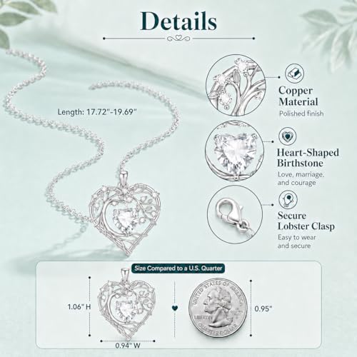 Gamtic Tree of Life Birthstone Pendant Necklace - Heart Cubic Zirconia Diamond Necklace Birth Month Necklaces Birthday Gift for Her Wife Mom Daughter Grandma Girlfriend Anniversary Jewelry Gift - style: April