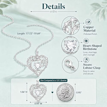 Gamtic Tree of Life Birthstone Pendant Necklace - Heart Cubic Zirconia Diamond Necklace Birth Month Necklaces Birthday Gift for Her Wife Mom Daughter Grandma Girlfriend Anniversary Jewelry Gift - style: April